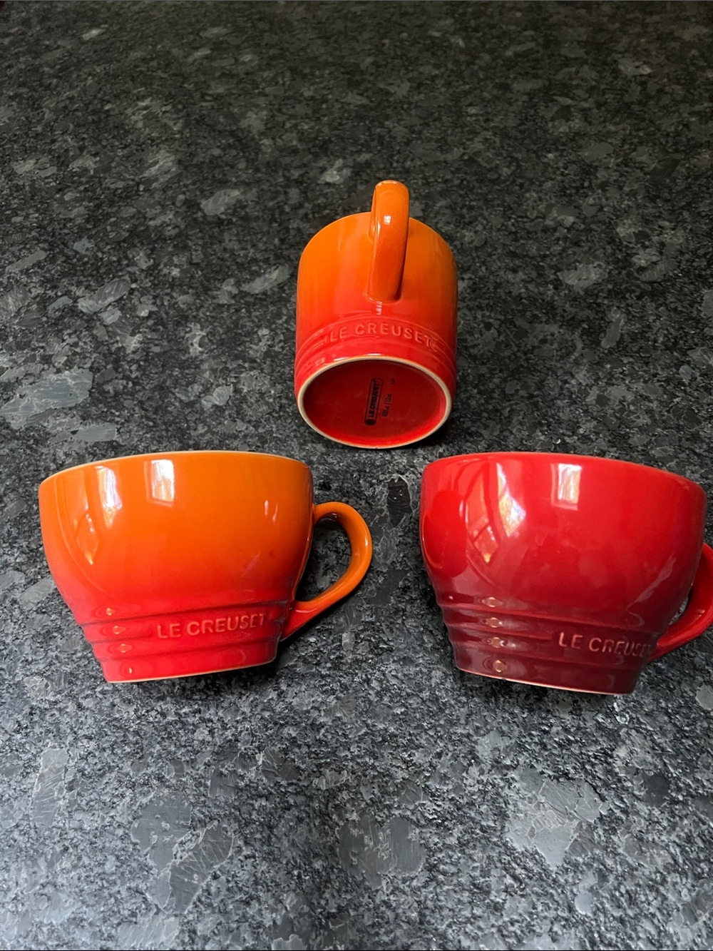 Set of 3 Le Creuset Coffee 14oz and 12oz Tea Cups Flame and Cherry